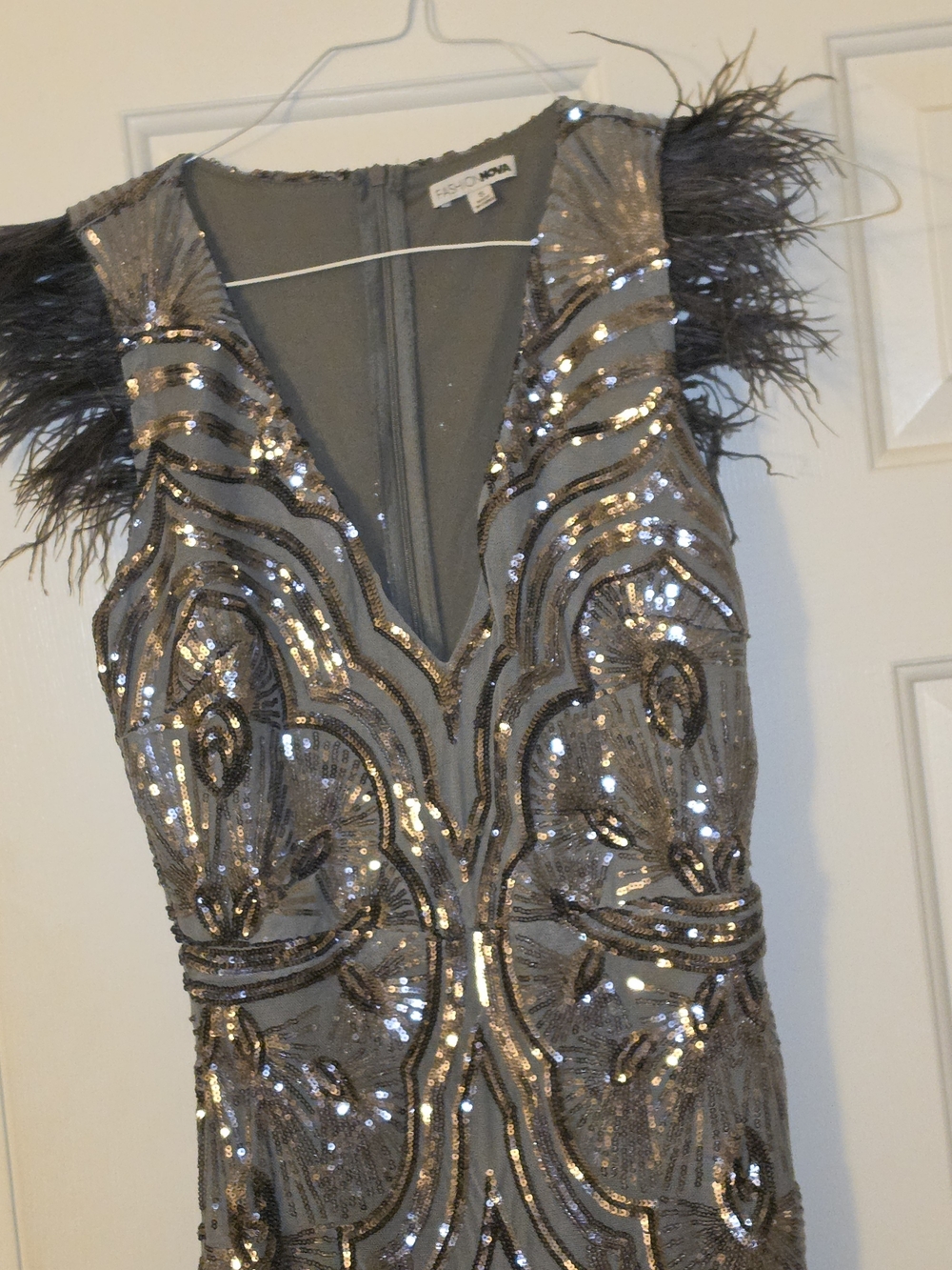 Silver Sequin Feather-Trim V-Neck Maxi Dress - Picture 6 of 6